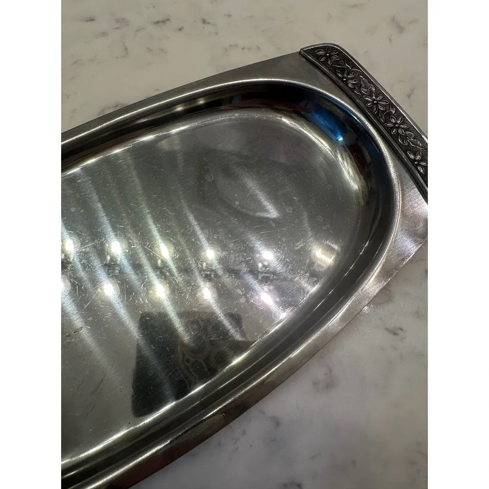 Vtg Stainless Steel Flower Emboss 70s MCM Japan‎ Butter Sugar Creamer Gravy Boat